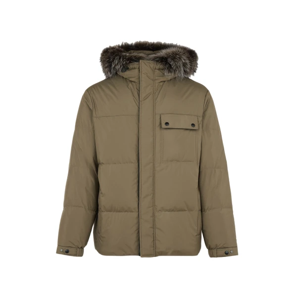 Short Down Jacket with Removable Fox Fur Hood Trim in Khaki