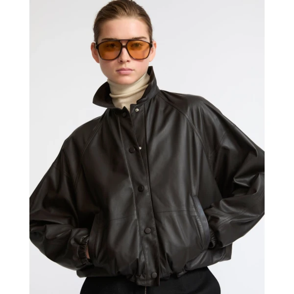 Yves Salomon Short Fine Lambskin Leather Jacket in Brown | Leather Jackets | Coveti