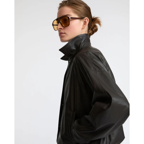 Yves Salomon Short Fine Lambskin Leather Jacket in Brown | Leather Jackets | Coveti