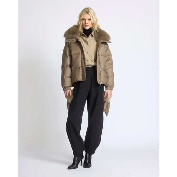 Yves Salomon Short Flannel Down Jacket with Detachable Fox Fur Collar and Mittens in Beige | Jackets | Coveti