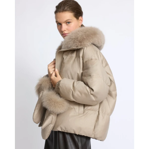 Yves Salomon Short Flannel Down Jacket with Detachable Fox Fur Collar and Mittens in Beige | Jackets | Coveti