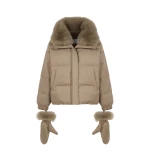Yves Salomon Short Flannel Down Jacket with Detachable Fox Fur Collar and Mittens in Beige | Women | Coveti