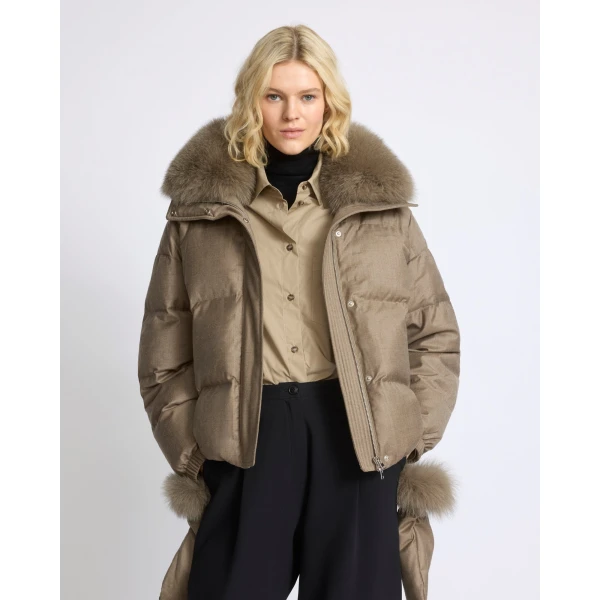 Yves Salomon Short Flannel Down Jacket with Detachable Fox Fur Collar and Mittens in Beige | Jackets | Coveti
