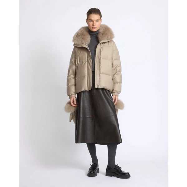 Yves Salomon Short Flannel Down Jacket with Detachable Fox Fur Collar and Mittens in Beige | Jackets | Coveti