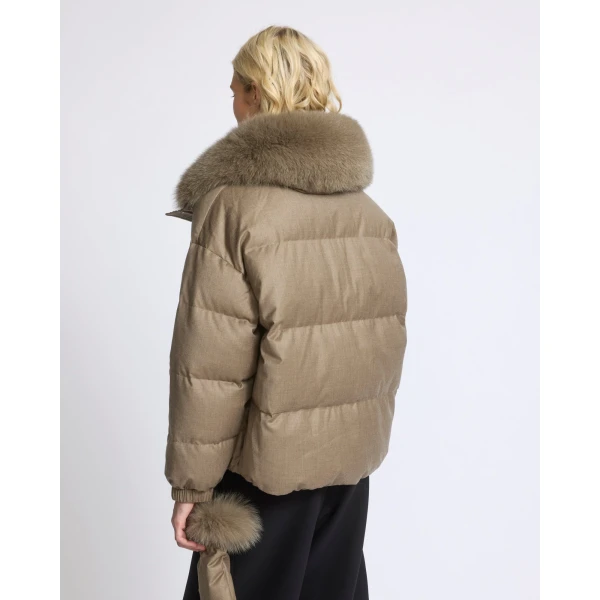 Yves Salomon Short Flannel Down Jacket with Detachable Fox Fur Collar and Mittens in Beige | Jackets | Coveti