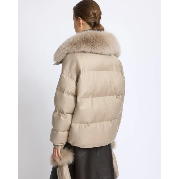 Yves Salomon Short Flannel Down Jacket with Detachable Fox Fur Collar and Mittens in Beige | Jackets | Coveti