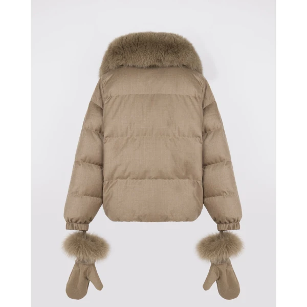 Yves Salomon Short Flannel Down Jacket with Detachable Fox Fur Collar and Mittens in Beige | Jackets | Coveti