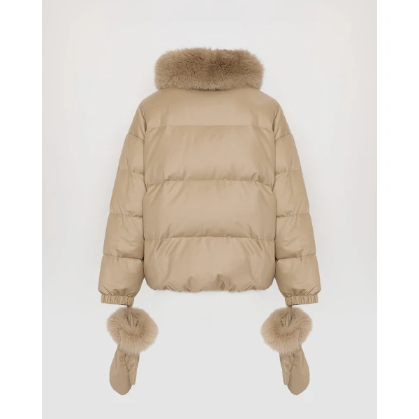 Yves Salomon Short Flannel Down Jacket with Detachable Fox Fur Collar and Mittens in Beige | Jackets | Coveti