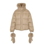 Yves Salomon Short Flannel Down Jacket with Detachable Fox Fur Collar and Mittens in Beige | Women | Coveti