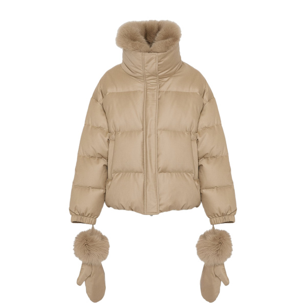 Yves Salomon Short Flannel Down Jacket with Detachable Fox Fur Collar and Mittens in Beige | Women | Coveti