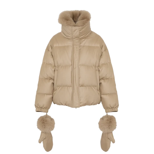 Yves Salomon Short Flannel Down Jacket with Detachable Fox Fur Collar and Mittens in Beige | Women | Coveti