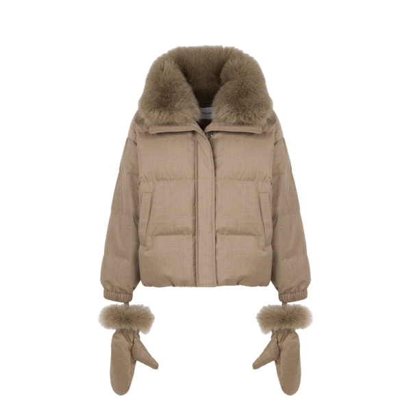 Yves Salomon Short Flannel Down Jacket with Detachable Fox Fur Collar and Mittens in Beige | Women | Coveti
