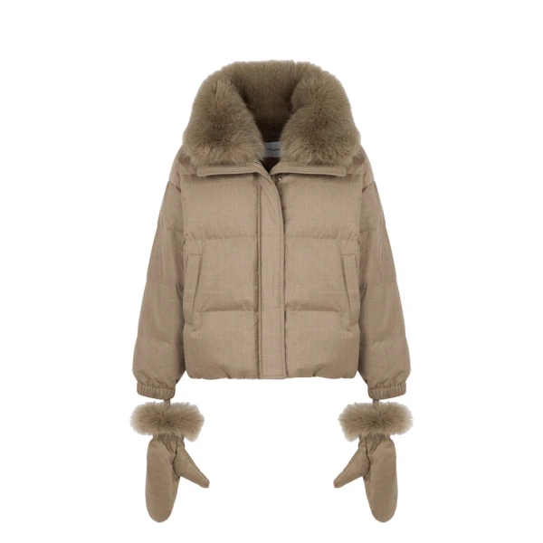 Yves Salomon Short Flannel Down Jacket with Detachable Fox Fur Collar and Mittens in Beige | Women | Coveti