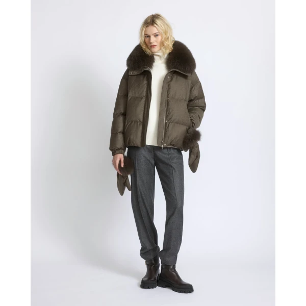 Yves Salomon Short Flannel Down Jacket with Detachable Fox Fur Collar and Mittens in Brown | Jackets | Coveti