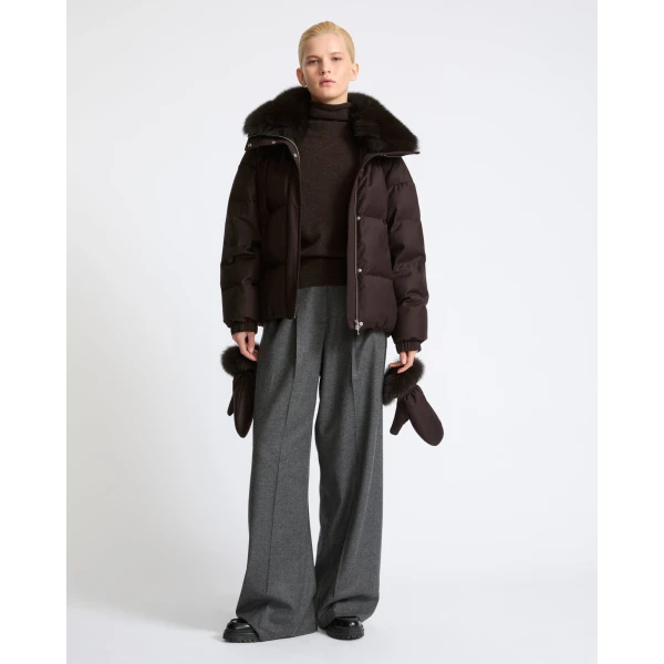 Yves Salomon Short Flannel Down Jacket with Detachable Fox Fur Collar and Mittens in Brown | Jackets | Coveti