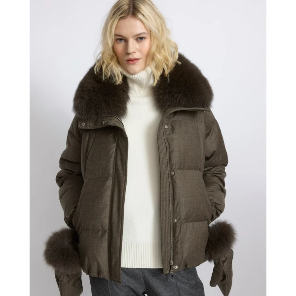 Yves Salomon Short Flannel Down Jacket with Detachable Fox Fur Collar and Mittens in Brown | Jackets | Coveti