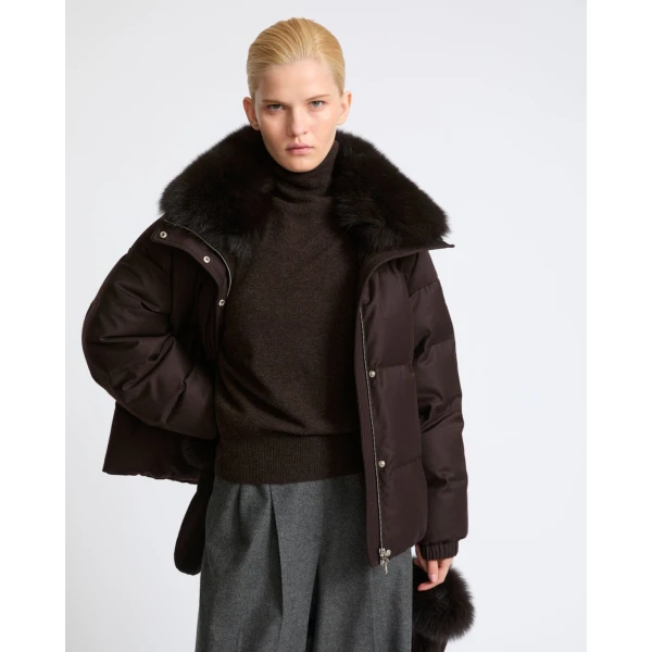 Yves Salomon Short Flannel Down Jacket with Detachable Fox Fur Collar and Mittens in Brown | Jackets | Coveti