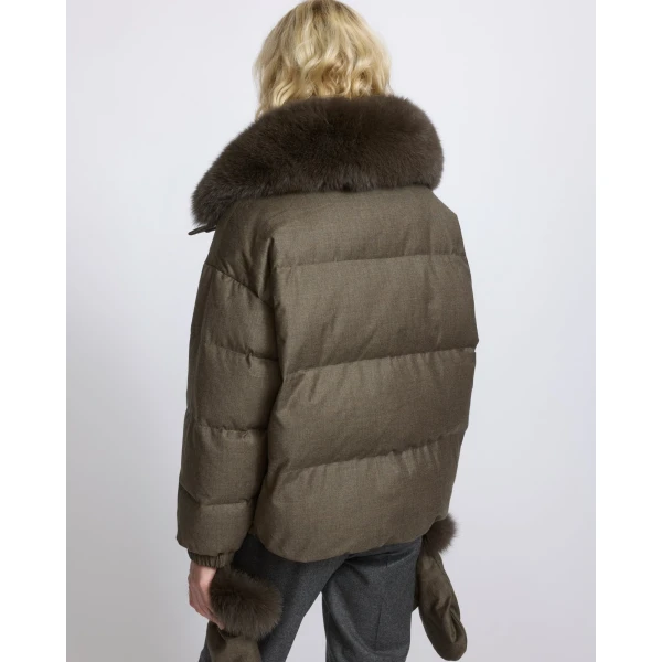 Yves Salomon Short Flannel Down Jacket with Detachable Fox Fur Collar and Mittens in Brown | Jackets | Coveti