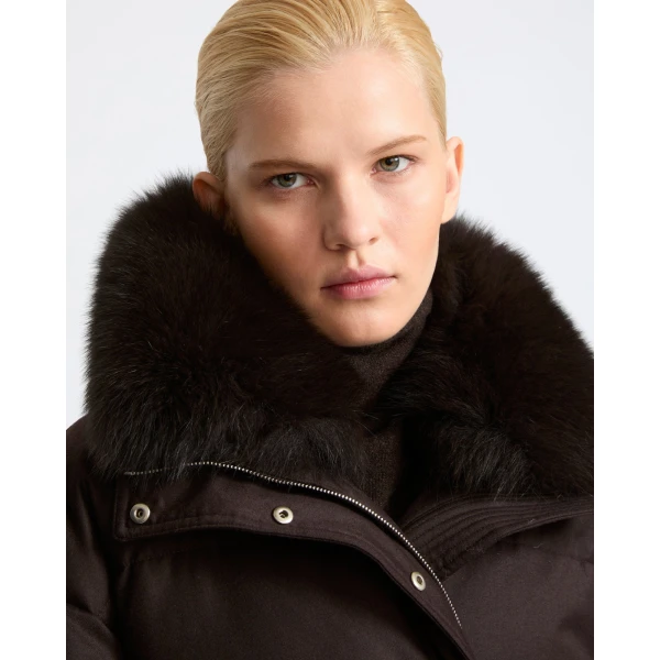 Yves Salomon Short Flannel Down Jacket with Detachable Fox Fur Collar and Mittens in Brown | Jackets | Coveti