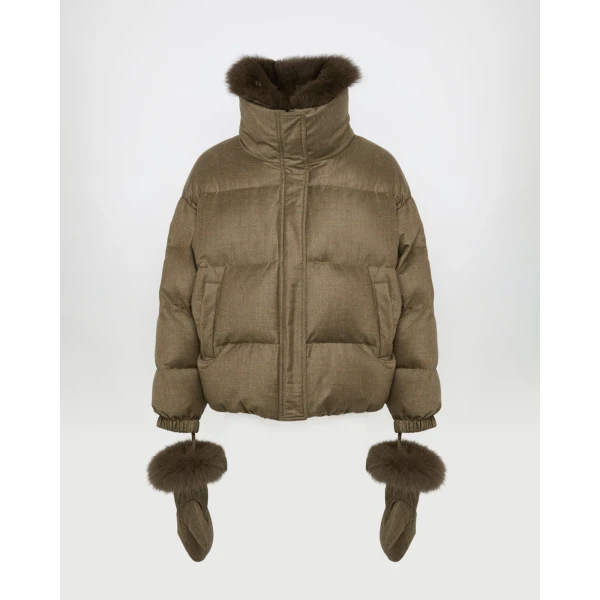 Yves Salomon Short Flannel Down Jacket with Detachable Fox Fur Collar and Mittens in Brown | Jackets | Coveti