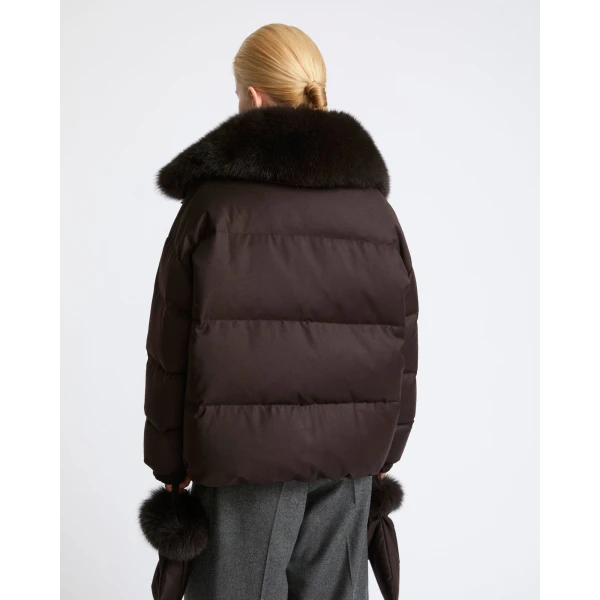 Yves Salomon Short Flannel Down Jacket with Detachable Fox Fur Collar and Mittens in Brown | Jackets | Coveti