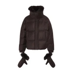 Yves Salomon Short Flannel Down Jacket with Detachable Fox Fur Collar and Mittens in Brown | Women | Coveti