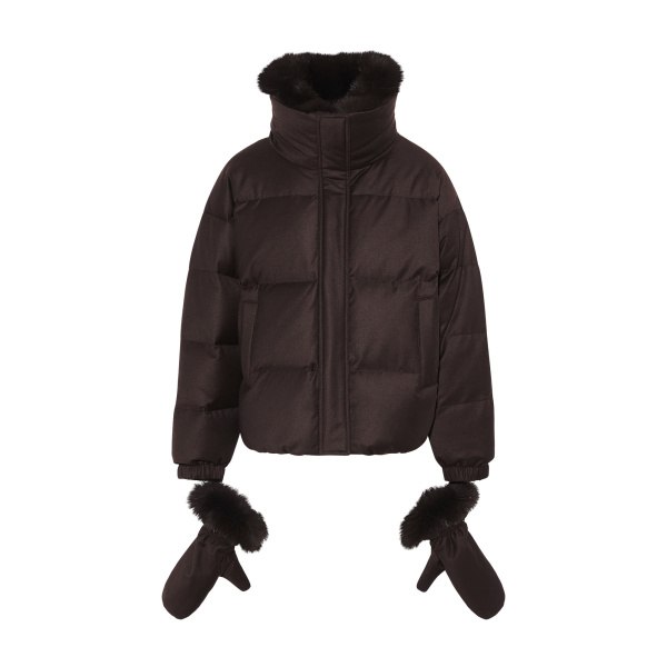Yves Salomon Short Flannel Down Jacket with Detachable Fox Fur Collar and Mittens in Brown | Women | Coveti