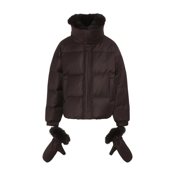 Yves Salomon Short Flannel Down Jacket with Detachable Fox Fur Collar and Mittens in Brown | Women | Coveti