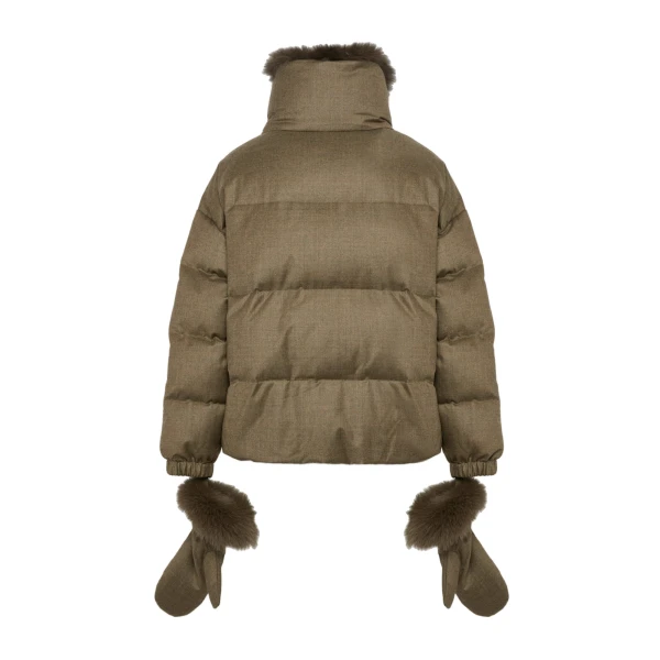 Yves Salomon Short Flannel Down Jacket with Detachable Fox Fur Collar and Mittens in Brown | Women | Coveti