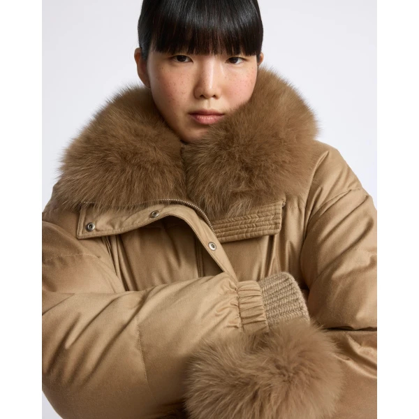 Yves Salomon Short Flannel Down Jacket with Detachable Fox Fur Collar and Mittens in Camel | Jackets | Coveti