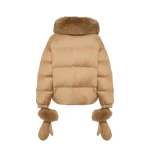 Yves Salomon Short Flannel Down Jacket with Detachable Fox Fur Collar and Mittens in Camel | Women | Coveti