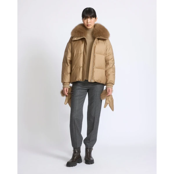 Yves Salomon Short Flannel Down Jacket with Detachable Fox Fur Collar and Mittens in Camel | Jackets | Coveti