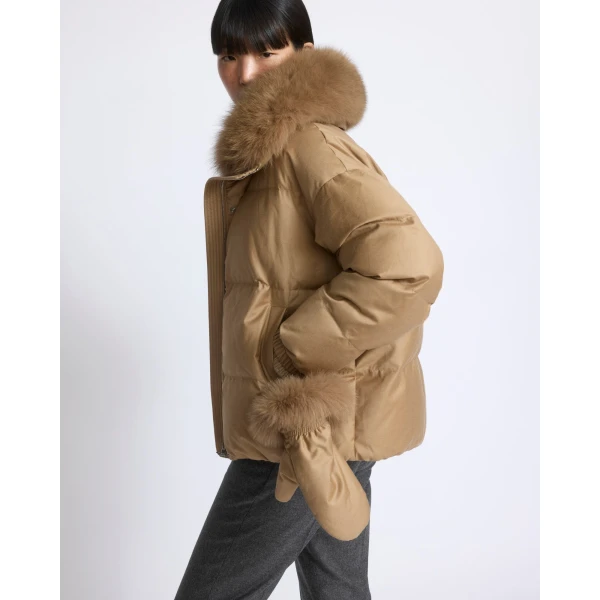Yves Salomon Short Flannel Down Jacket with Detachable Fox Fur Collar and Mittens in Camel | Jackets | Coveti