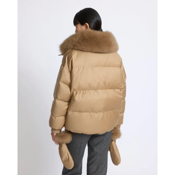 Yves Salomon Short Flannel Down Jacket with Detachable Fox Fur Collar and Mittens in Camel | Jackets | Coveti