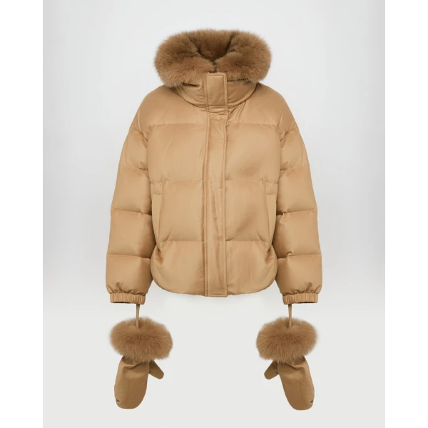 Yves Salomon Short Flannel Down Jacket with Detachable Fox Fur Collar and Mittens in Camel | Jackets | Coveti