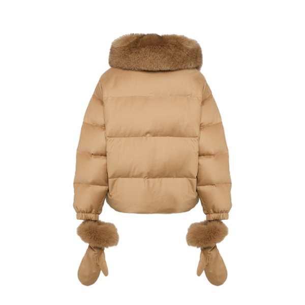 Yves Salomon Short Flannel Down Jacket with Detachable Fox Fur Collar and Mittens in Camel | Women | Coveti