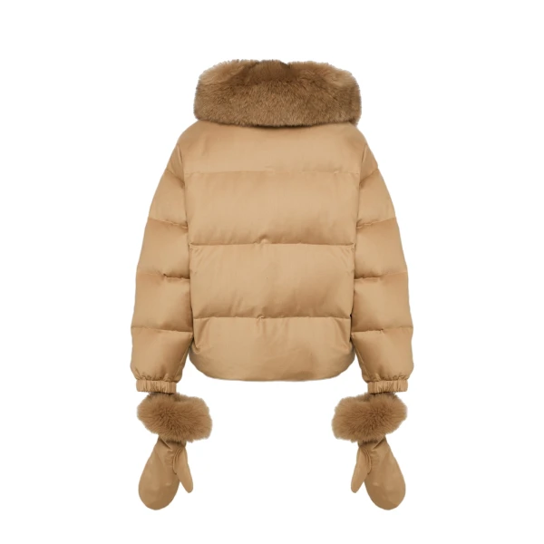 Yves Salomon Short Flannel Down Jacket with Detachable Fox Fur Collar and Mittens in Camel | Women | Coveti