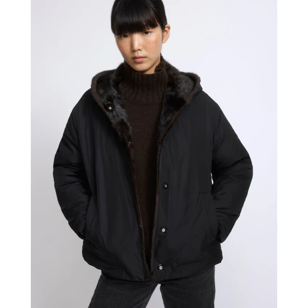 Yves Salomon Short Hooded Down Jacket with Mink Fur Lining in Black | Jackets | Coveti