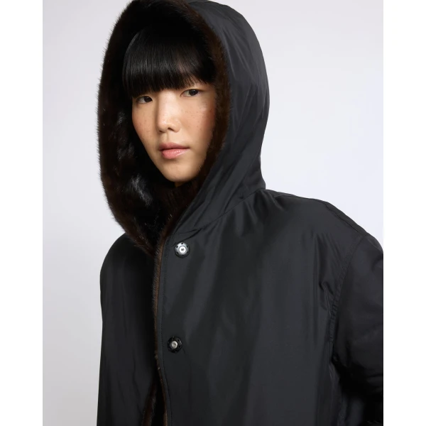 Yves Salomon Short Hooded Down Jacket with Mink Fur Lining in Black | Jackets | Coveti