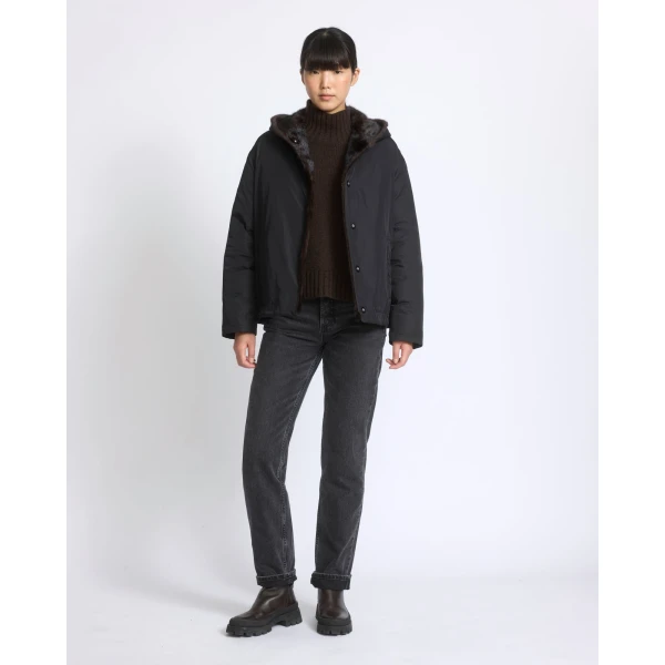 Yves Salomon Short Hooded Down Jacket with Mink Fur Lining in Black | Jackets | Coveti