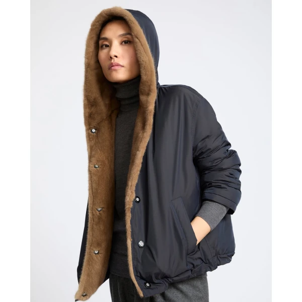 Yves Salomon Short Hooded Down Jacket with Mink Fur Lining in Blue and Beige | Jackets | Coveti