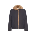 Yves Salomon Short Hooded Down Jacket with Mink Fur Lining in Blue and Beige | Jackets | Coveti
