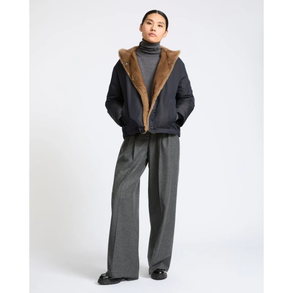 Yves Salomon Short Hooded Down Jacket with Mink Fur Lining in Blue and Beige | Jackets | Coveti