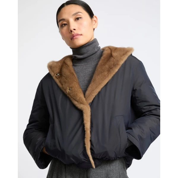 Yves Salomon Short Hooded Down Jacket with Mink Fur Lining in Blue and Beige | Jackets | Coveti