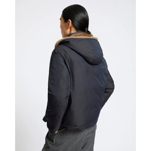 Yves Salomon Short Hooded Down Jacket with Mink Fur Lining in Blue and Beige | Jackets | Coveti