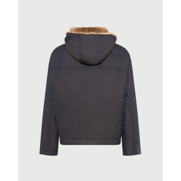 Yves Salomon Short Hooded Down Jacket with Mink Fur Lining in Blue and Beige | Jackets | Coveti