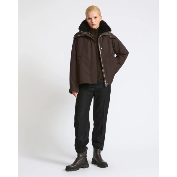 Yves Salomon Short Hooded Waterproof Parka with Lambskin Shearling in Dark Brown | Jackets | Coveti