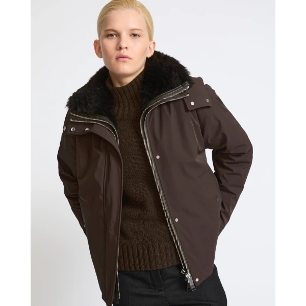 Yves Salomon Short Hooded Waterproof Parka with Lambskin Shearling in Dark Brown | Jackets | Coveti