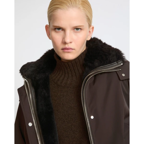 Yves Salomon Short Hooded Waterproof Parka with Lambskin Shearling in Dark Brown | Jackets | Coveti