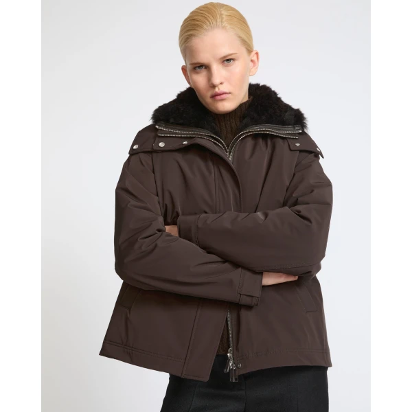 Yves Salomon Short Hooded Waterproof Parka with Lambskin Shearling in Dark Brown | Jackets | Coveti